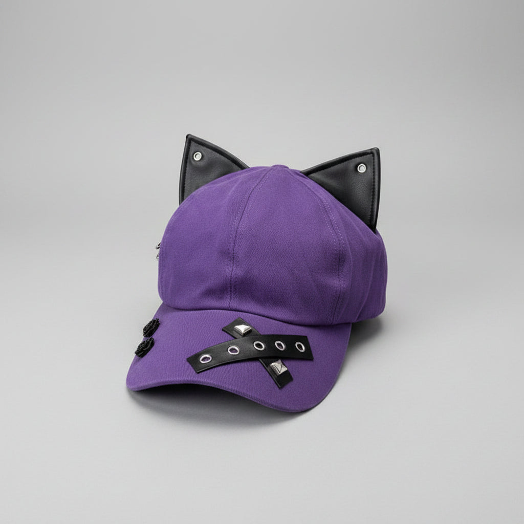 Purple cap with black accents on a wooden surface