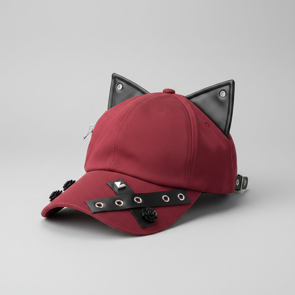 Red cap with black cat ears and buttons on a wooden surface