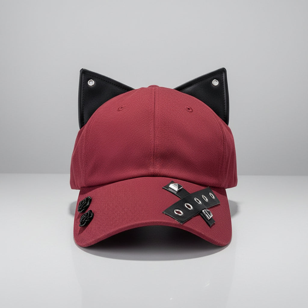Red cap with black decorative patches on a wooden surface