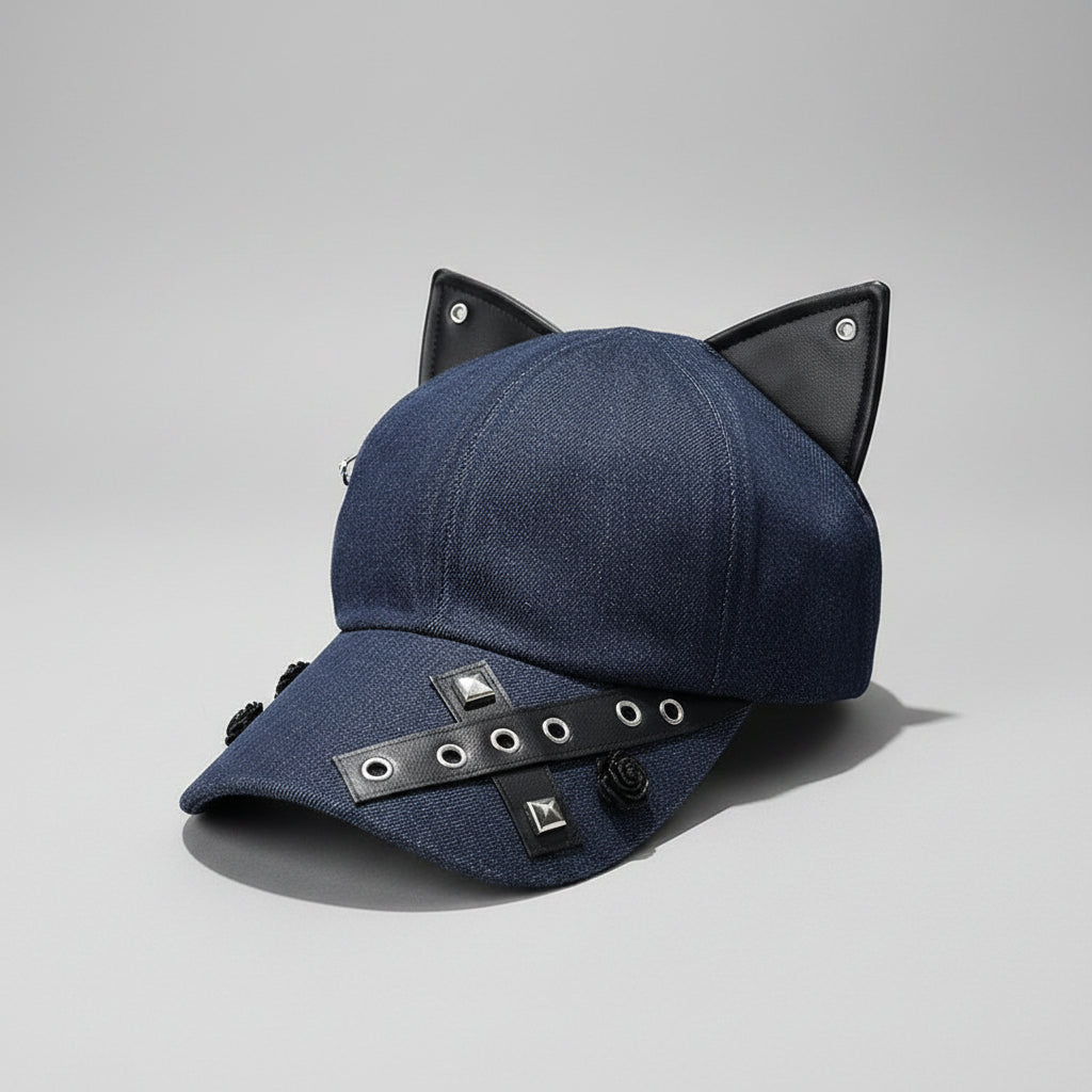 Blue denim cap with black cat ears on a wooden surface